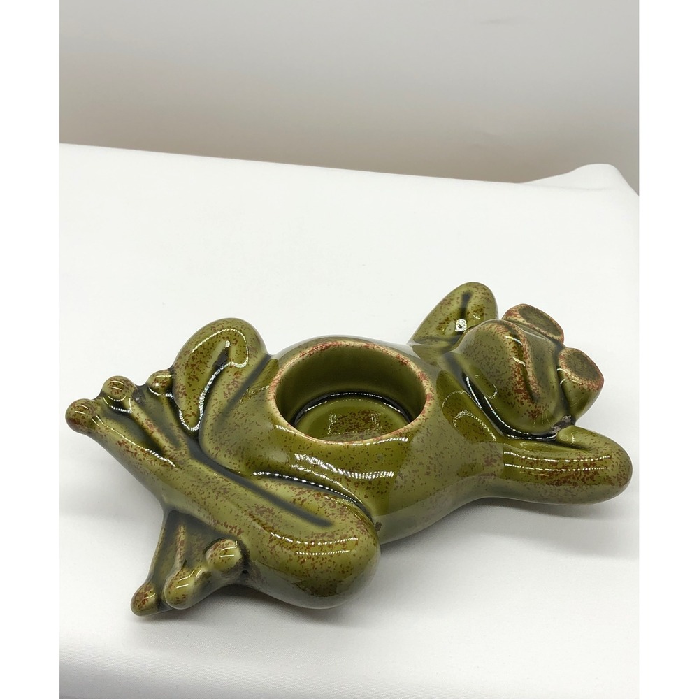 Green Ceramic Lounging Frog Tea Light Candle Holder Sunglasses Whimsical - Picture 2 of 9